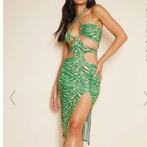 GREEN ABSTRACT PRINT SIDE CUT OUT HALTERNECK MIDI DRESS